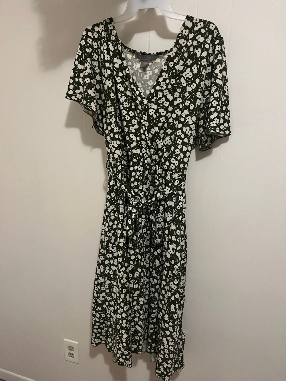 Olive Floral Surplice Midi Dress with Tie Waist